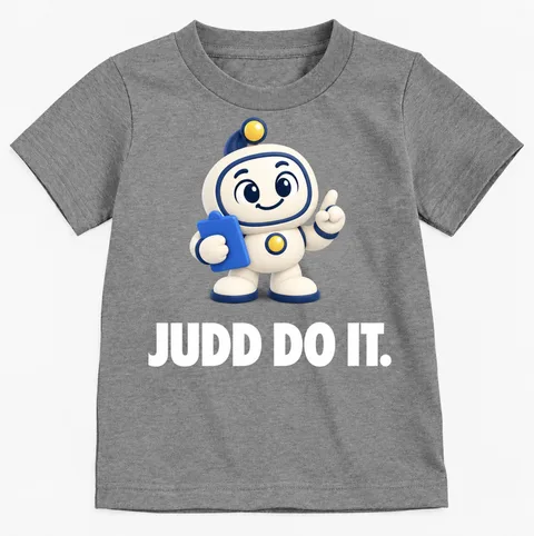 Gray T-shirt with Judd the robot holding a clipboard above the words Judd do it. This offer is not available.